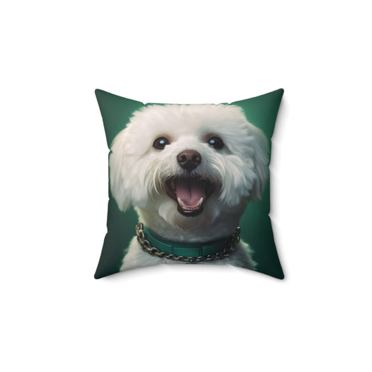 Bichon Bliss - Green Collar Charm: Spun Polyester Square Pillow