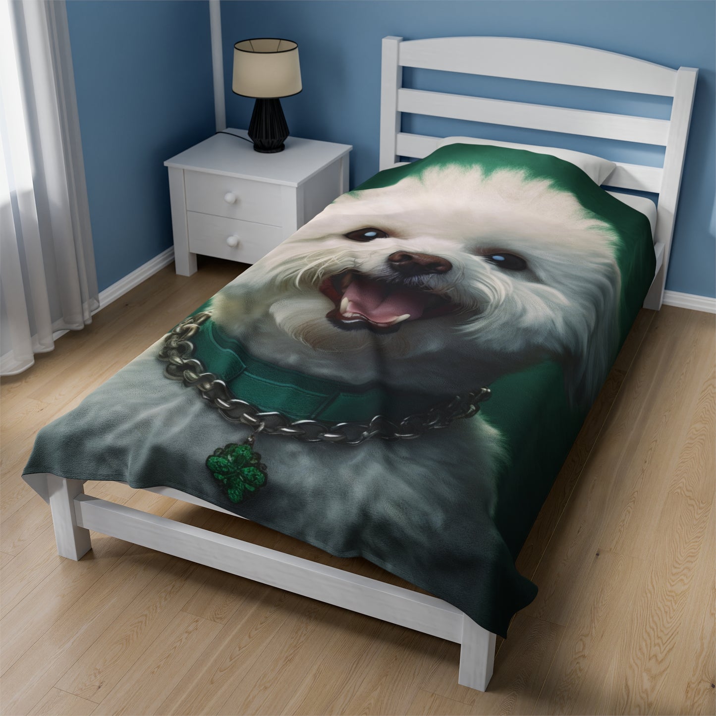 Bichon Bliss - Green Collar Charm Velveteen Plush Blanket